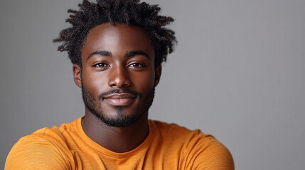 Obraz premium A young man with short, curly hair smiles confidently while wearing a bright orange shirt against a neutral background.