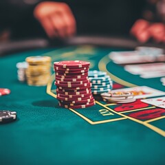 Fototapeta premium Poker Chips Stacked High on a Casino Table, Gambling and Entertainment Concept, Selective Focus.