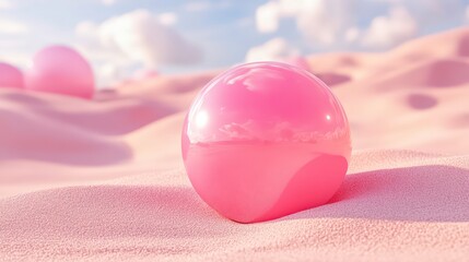 A pink glass sphere sits on a pink sandy surface with a blurred background of blue sky with clouds.