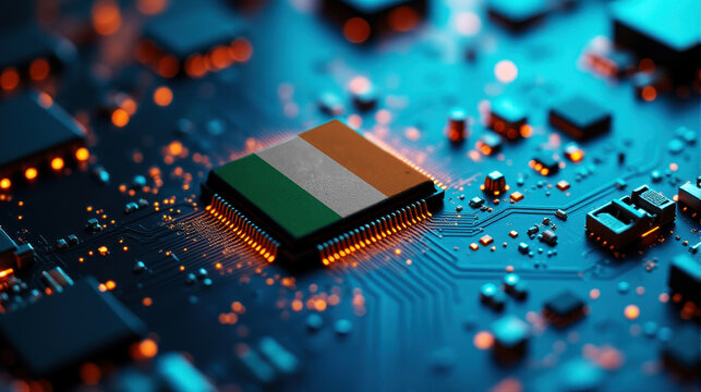 A Irish themed chip is placed on a detailed circuit board, with glowing connections that emphasize influence in electronics, computing, and tech innovation.