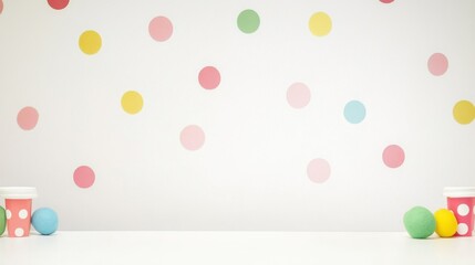 Colorful polka dot wall with empty table space for creative displays or children's room decor.