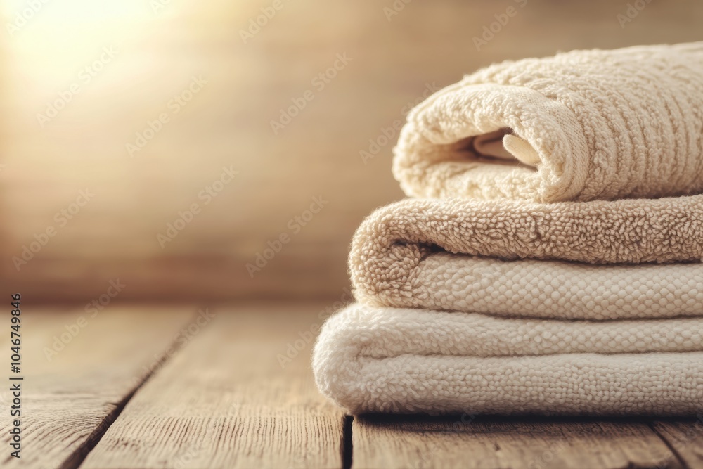 Aufkleber Neatly arranged soft towels sit on a wooden surface, bathed in warm sunlight, creating a soothing and serene atmosphere. Generative AI