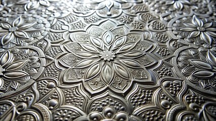 Close-up of shiny silver metallic surface with intricate patterns and designs, metallic surface, shine, sleek