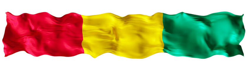 Stylized flag of Guinea waving in the wind on transparent background. Footer, header or divider. Cut out wide, panoramic element. Banner for patriotic themes or national event promotions. 3D.