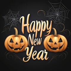 Festive illustration featuring pumpkins and spider webs, celebrating the New Year with a spooky Halloween twist.