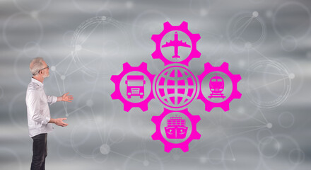 A global transportation concept explained by a businessman on a wall screen