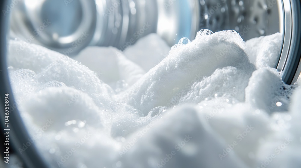 Poster the washing machine drum is filled with fresh white towels and frothy soap bubbles, showcasing a vib