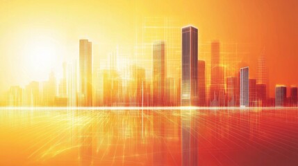 Fototapeta premium Stunning city skyline at sunset with reflections, creating a warm glow of urban architecture and serenity