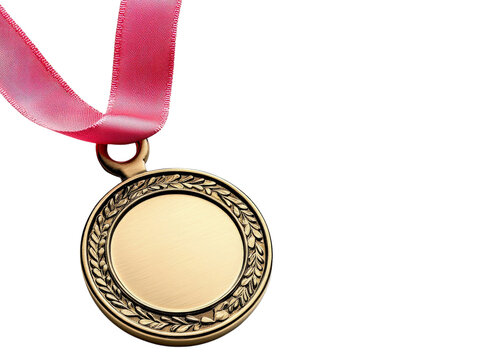 A detailed gold medal with a pink ribbon, isolated on a transparent background, PNG file.