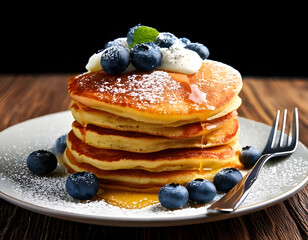 stack of pancakes with blueberries and syrup