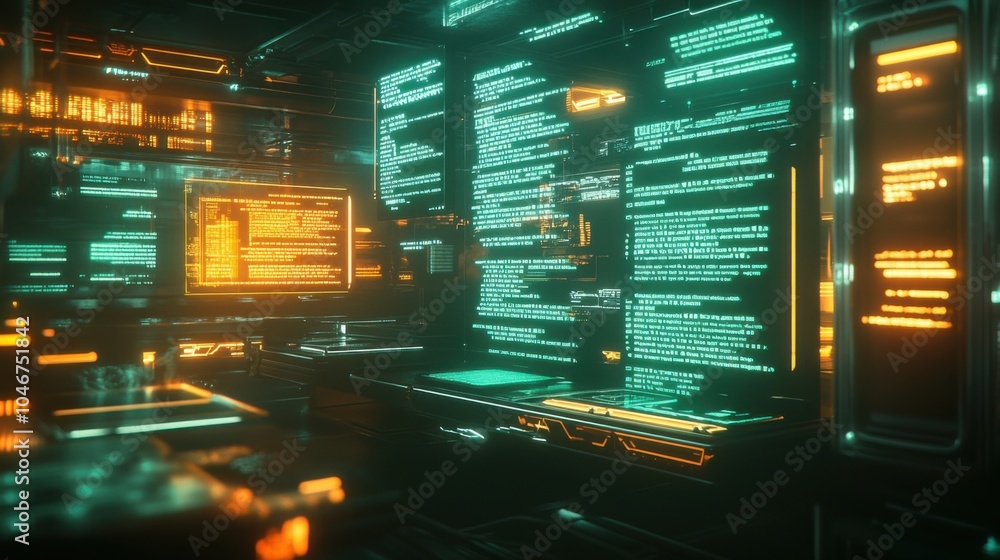 Poster glowing digital interface with floating text boxes