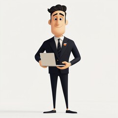 A dynamic human character is created in Blender, showcasing a professional figure holding a laptop, with a sleek suit and a confident expression in a minimalist setting