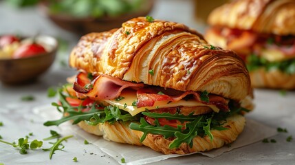 Croissant filled with ham cheese lettuce and tomato