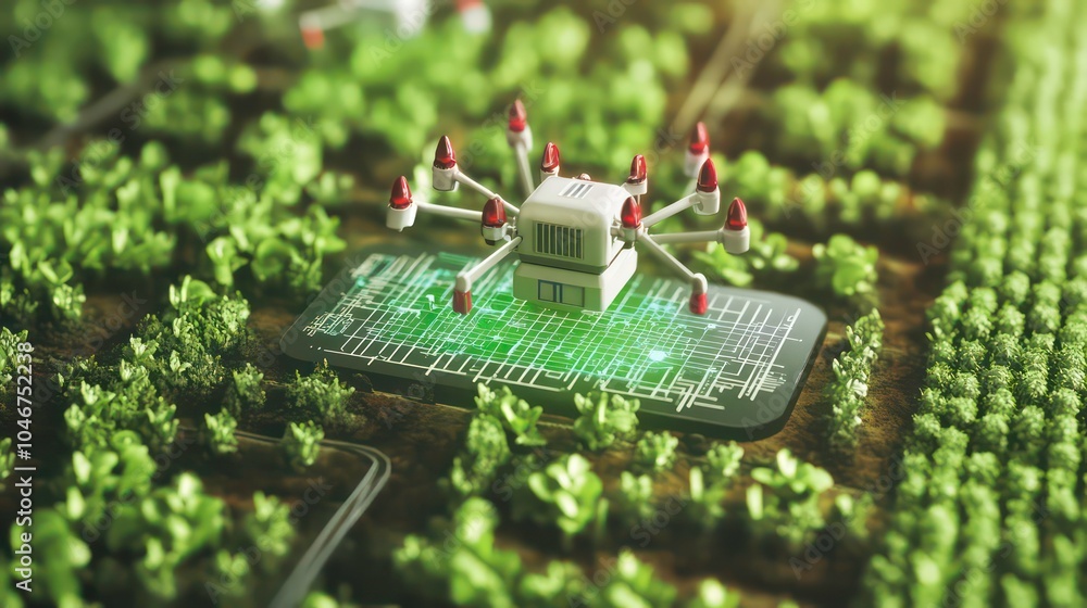 Fototapete a drone with multiple propellers sits on a circuit board in a field of green plants, representing th