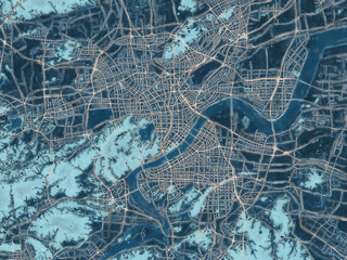 Painterly Style City Map of Hangzhou, People's Republic of China in a Blue Color Scheme.