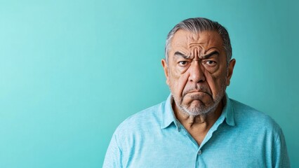 Obraz premium hard feelings, personal conflict, emotional tension, psychological reaction. intense anger expression on elderly latinx man's face on blue background, colorful banner with copy space