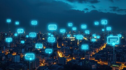 Fototapeta premium Holographic Text Boxes Hovering Above Cityscape