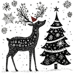 Naklejka premium Festive Reindeer and Christmas Tree with Snowflake Decorations
