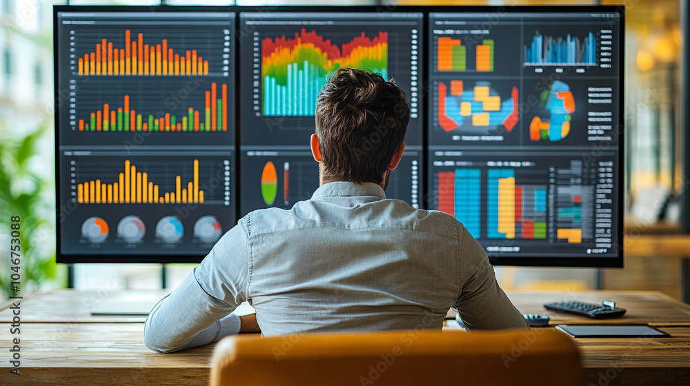 Poster a man sits at a desk analyzing data on multiple screens. the graphs display colorful charts represen