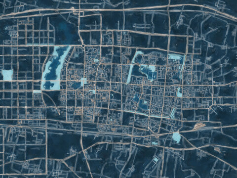 Painterly Style City Map of Kaifeng, People's Republic of China in a Blue Color Scheme.