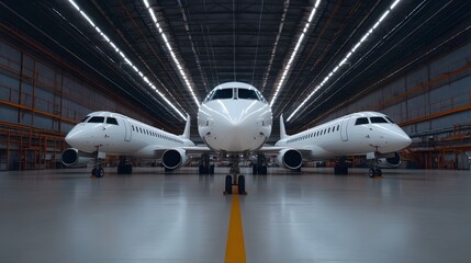 Obraz premium Aviation technicians carefully inspecting multiple planes in a busy well lit airport hangar utilizing a wide angle view to capture the scope of their engineering and maintenance work
