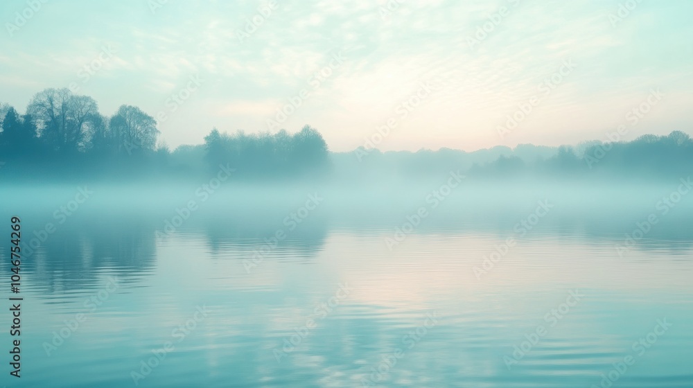 Aufkleber the calm surface of a lake reflects mist, creating a serene atmosphere as early morning light filter