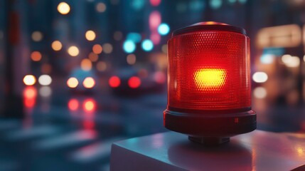 A red flashing siren in the city with a blurry background of lights and cars.