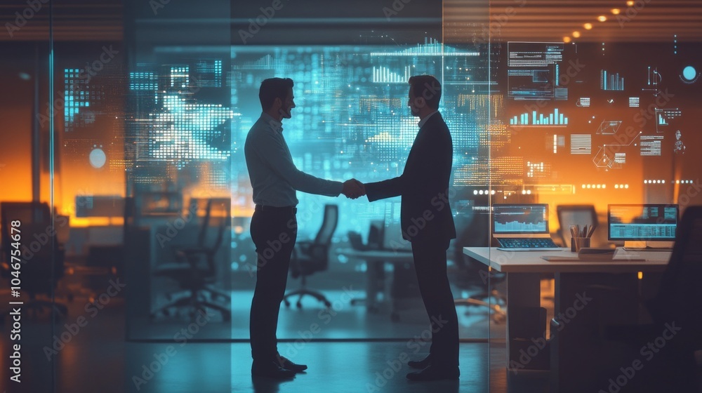 Poster two men shake hands in front of a computer monitor