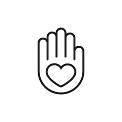 Heart icon inside a palm. The hand holds a heart in an open palm. Outline vector.