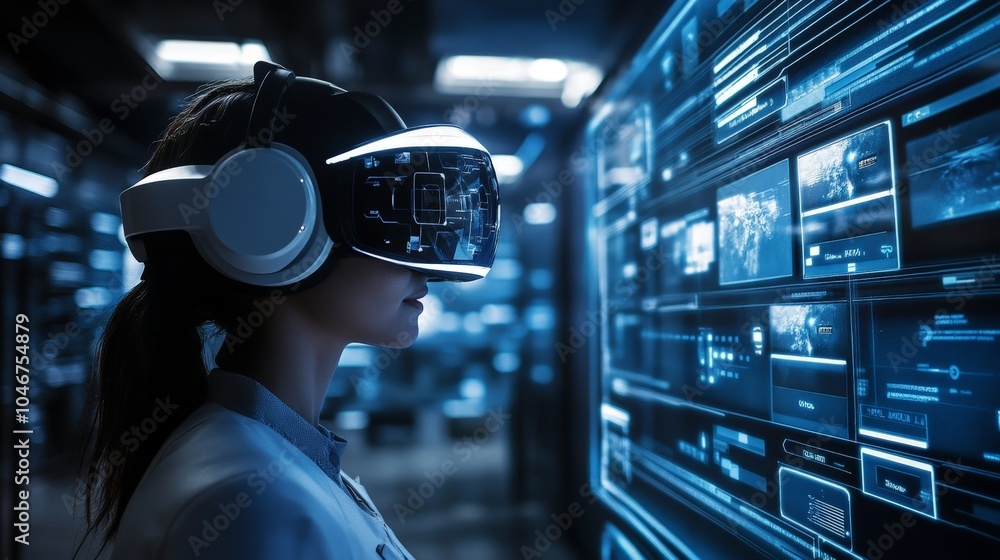 Poster a futuristic ai-driven virtual reality training program used by a company for employee development, 