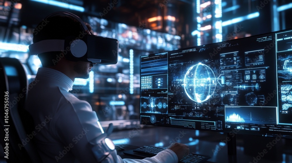 Poster a futuristic ai-driven virtual reality training program used by a company for employee development, 