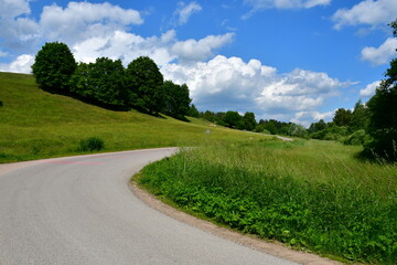 View of a winding path or road made out of asphalt combined with dirt and gravel located next to a tall and steep hill covered with lush trees, grass, and shrubs seen on a cloudy summer day in Poland