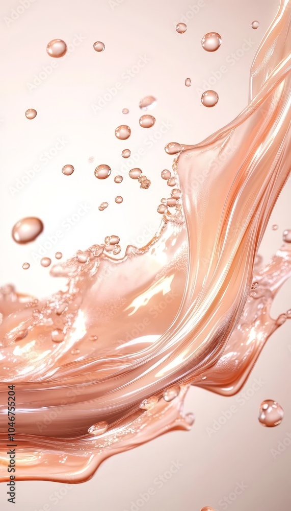 Poster elegant splash flowing liquid creates dynamic wave with bubbles on a soft peach background
