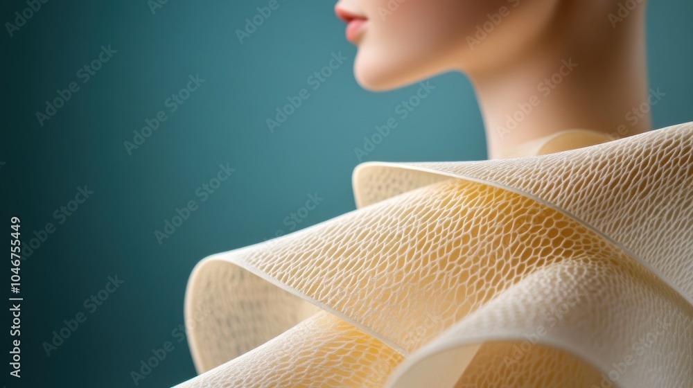 Poster a close up of a garment with intricate curves and folds, highlighting the skillful tailoring and met
