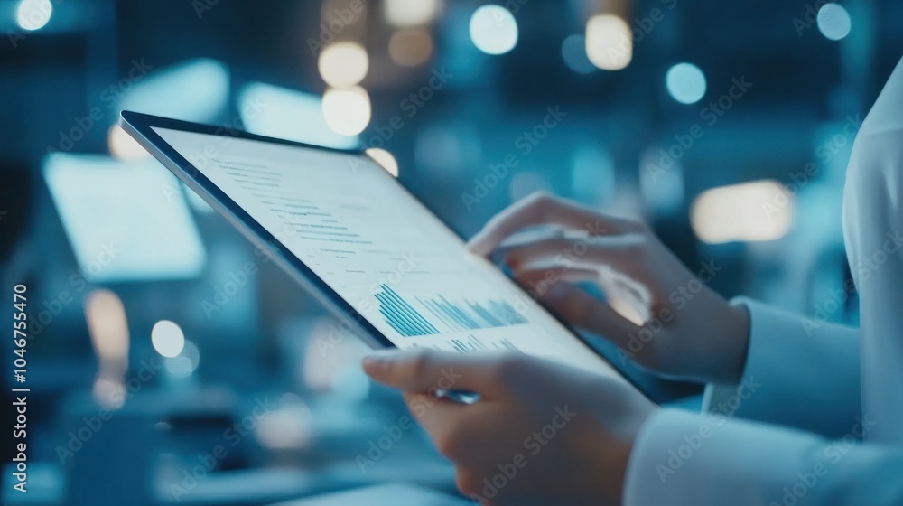 Poster a person analyzing data on a tablet in a modern workspace.