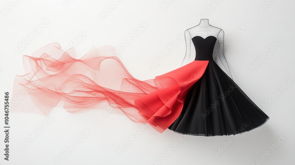 Poster a sketch of a fashion design featuring a unique curved silhouette, emphasizing the process of transl