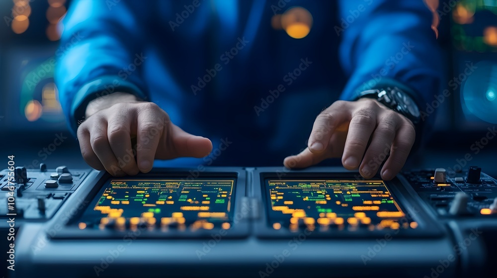 Poster technician performing diagnostic test on advanced aircraft navigation system