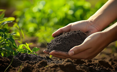 Hands holding rich soil above a garden bed, representing growth, sustainability, and nurturing the earth.