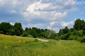 View of a winding path or road made out of asphalt combined with dirt and gravel located next to a tall and steep hill covered with lush trees, grass, and shrubs seen on a cloudy summer day in Poland