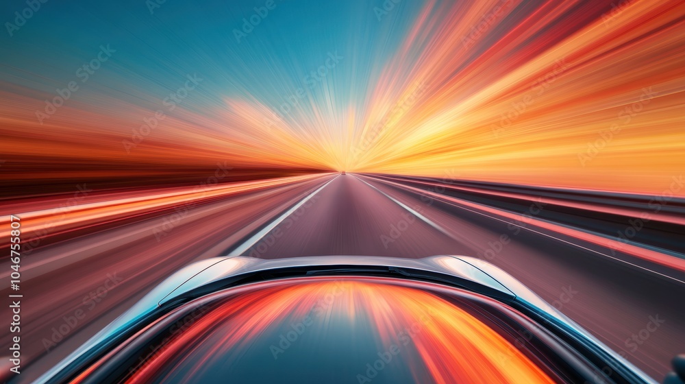Poster an image of a car exceeding the speed limit on a highway with a blurred background.