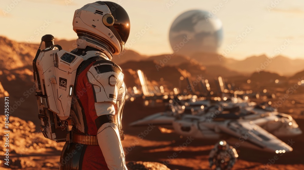 Aufkleber An astronaut stands on the red surface of Mars, gazing toward the horizon where spaceships are parked and a large planet rises in the sky. Generative AI