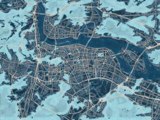 Painterly Style City Map of Wenzhou, People's Republic of China in a Blue Color Scheme.