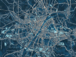 Painterly Style City Map of Wuhan, People's Republic of China in a Blue Color Scheme.