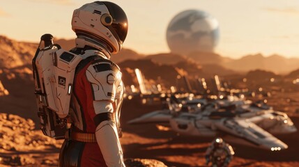 An astronaut stands on the red surface of Mars, gazing toward the horizon where spaceships are parked and a large planet rises in the sky. Generative AI