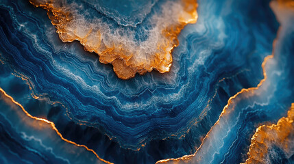 Obraz premium Intricate patterns of blue and gold agate reveal unique geological formations and textures, illustrating nature's beauty in stunning detail