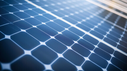 Close-up of solar panels capturing sunlight, showcasing renewable energy and sustainable technology.