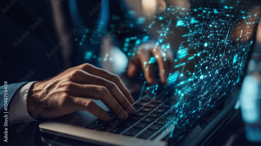 Poster a man is typing on a laptop with a blue screen that has a lot of lines and dots