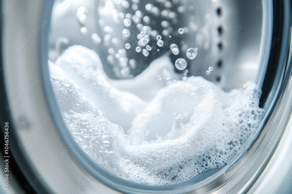 Poster The washing machine drum features white towels surrounded by frothy bubbles as it washes, showcasing the cleaning process in action. Generative AI