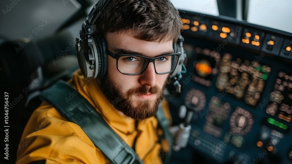Poster skilled aircraft mechanic working on replacing the oxygen system of a small airplane with the detail