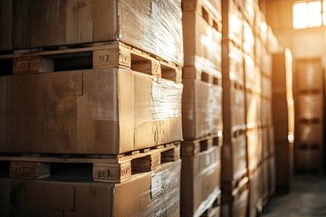 Stacked cardboard boxes in a warehouse. This image can be used to illustrate topics such as storage, logistics, or distribution.